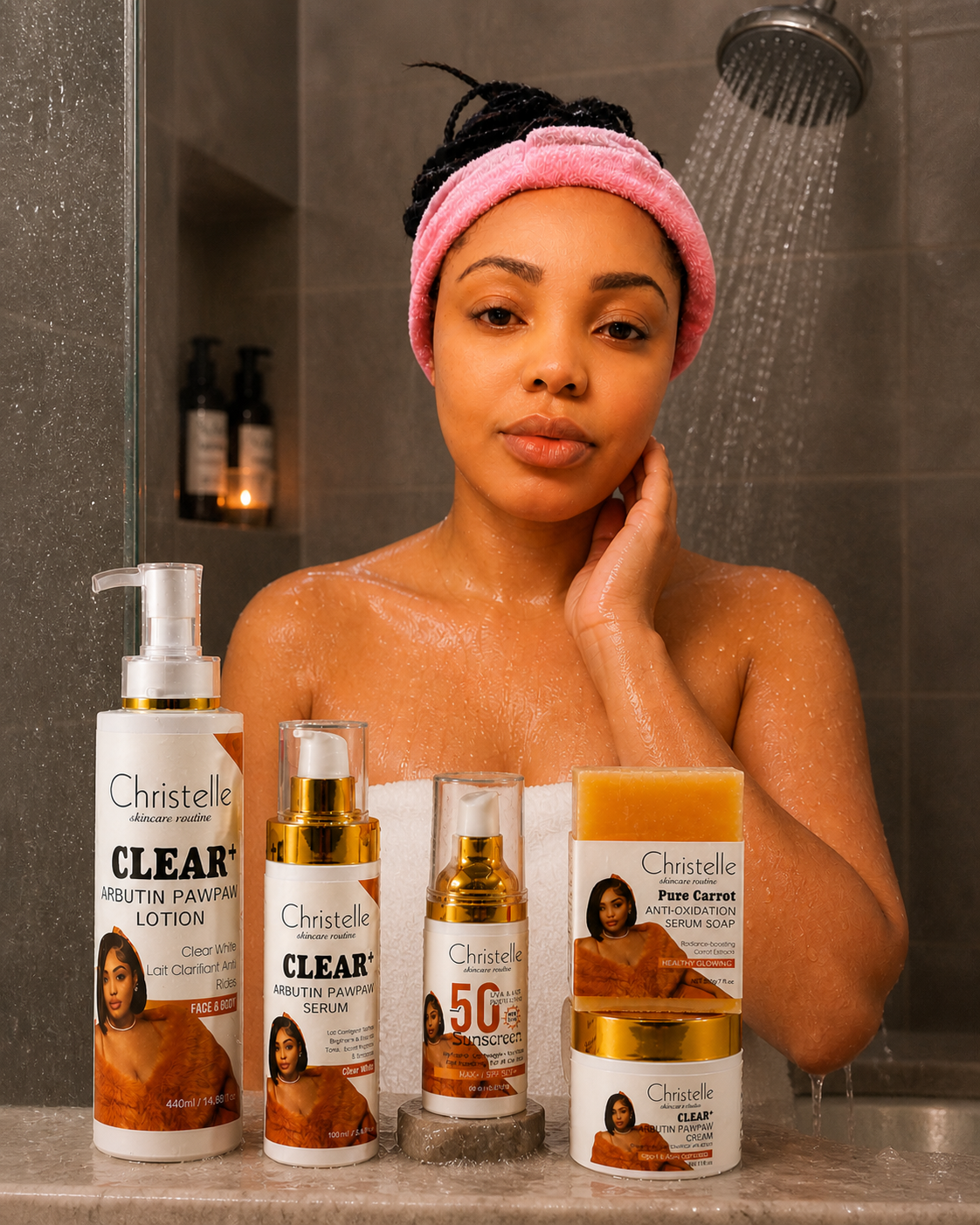 Christelle CLEAR+ Arbutin Pawpaw Complete Skincare Set – Lotion, Serum, Sunscreen, Soap & Cream