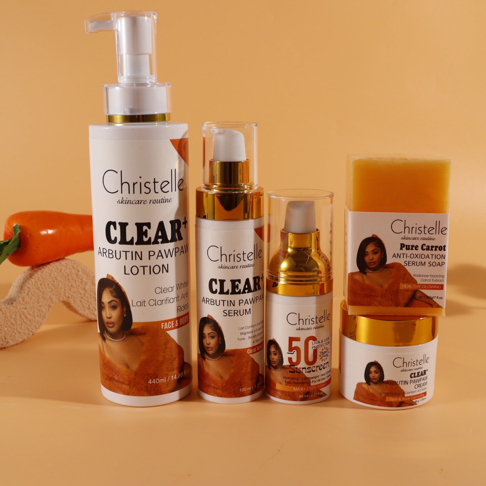 Christelle CLEAR+ Arbutin Pawpaw Complete Skincare Set – Lotion, Serum, Sunscreen, Soap & Cream