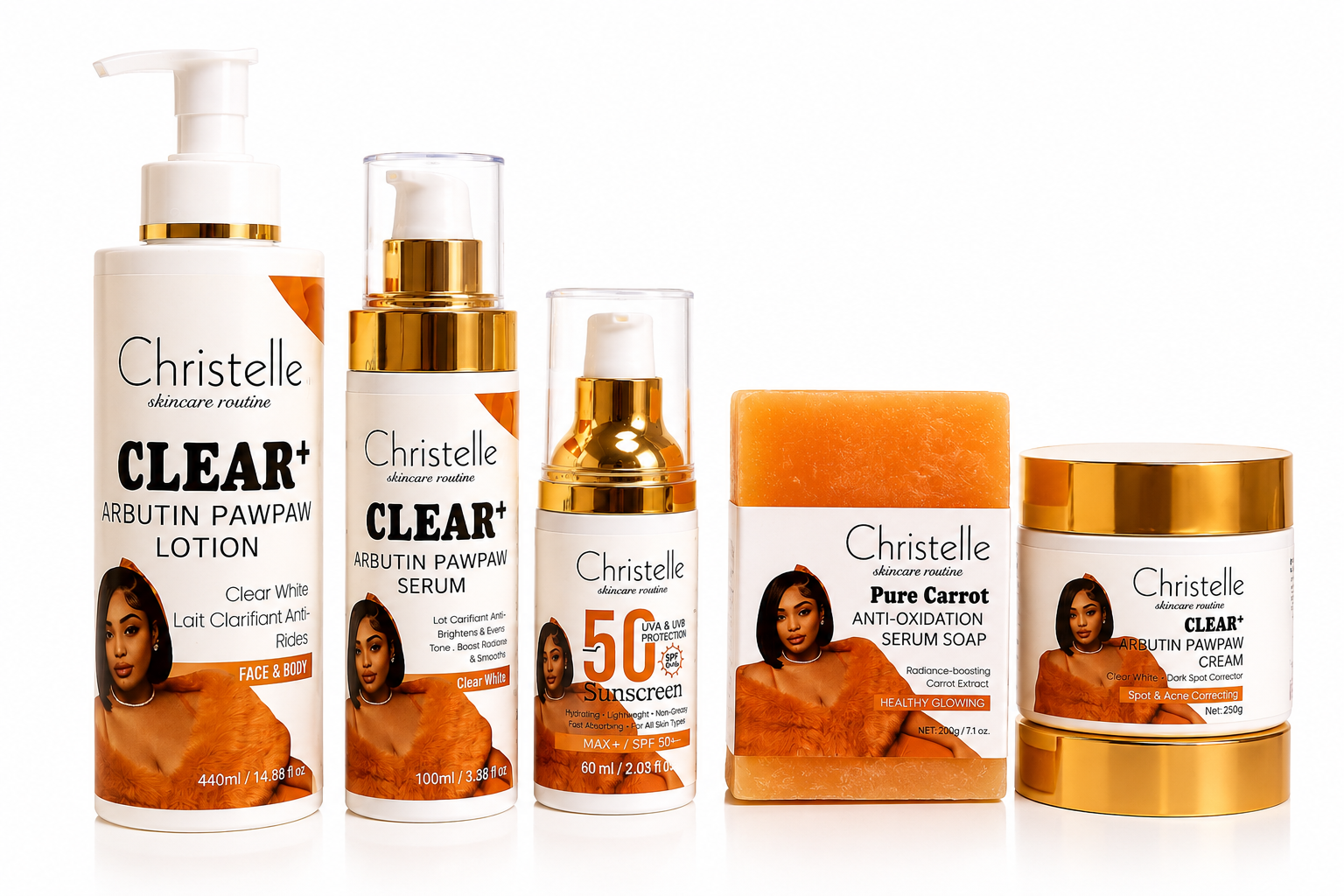 Christelle CLEAR+ Arbutin Pawpaw Complete Skincare Set – Lotion, Serum, Sunscreen, Soap & Cream